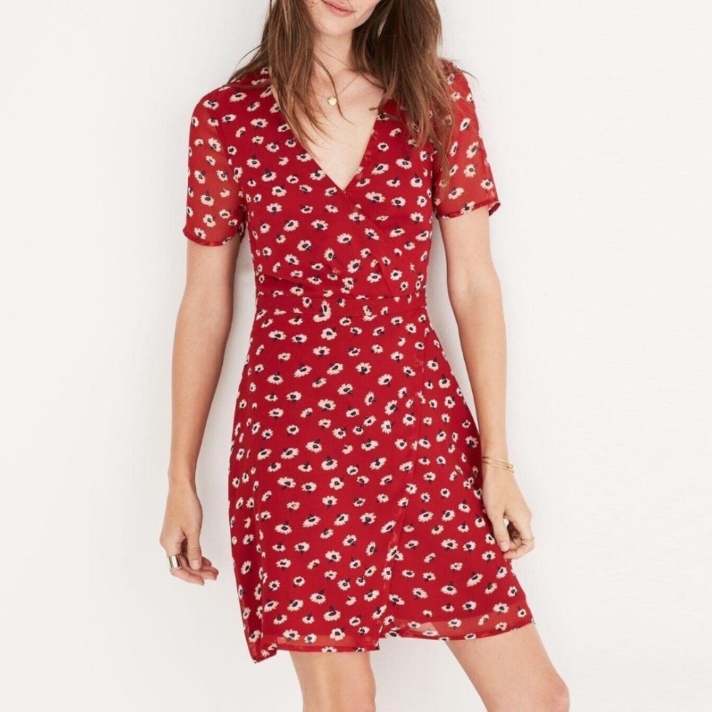 Madewell Floral Chiffon Faux Wrap Red Mini Dress